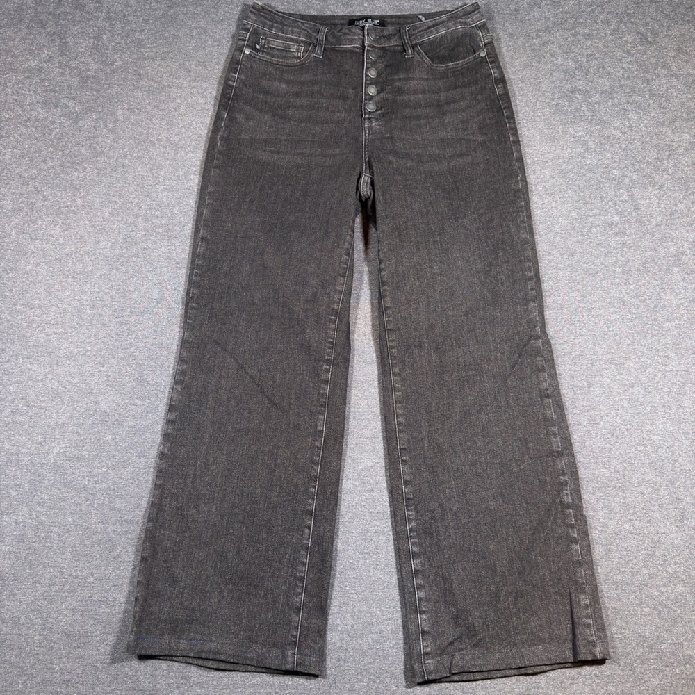 Judy Blue Wide Leg Jeans Women 11/30 Black Button Fly High Rise Stretch‎ Denim